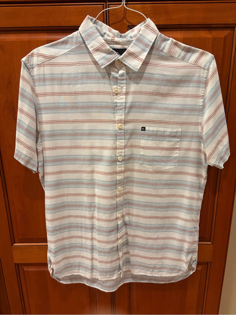 Quiksilver Men's Short Sleeve Button-Up Shirt in White, Light Blue, Rust Stripe